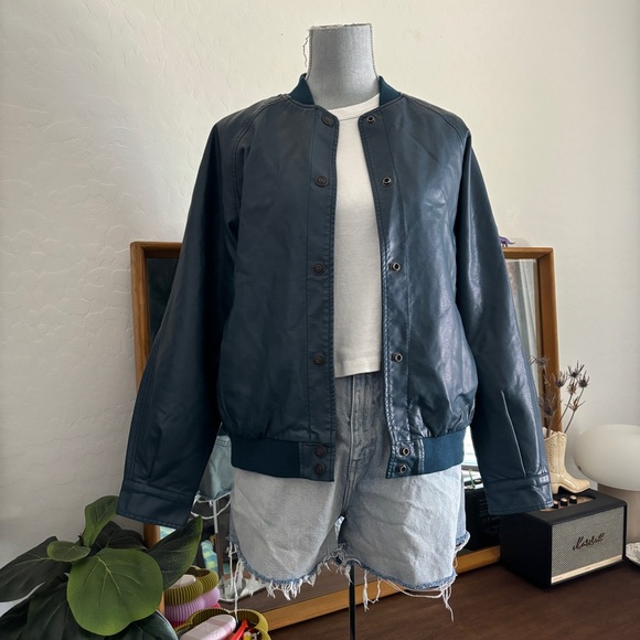 Free People Wild Rose Navy Vegan Leather Bomber Jacket - Picture 1 of 4